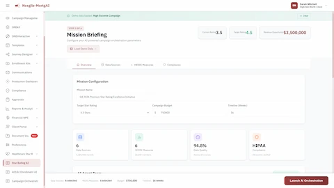 Mission Briefing screen for configuring star rating targets, budget, and compliance settings.